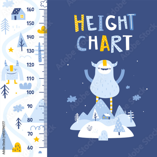 Height chart with cute yeti. Scandinavian ruler with nordic landscape. Winter stadiometer for babies.