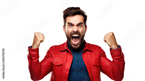 Successful business woman rejoicing, raising hands up and celebrating victory, winning something. Transparent background or PNG file. Generated by AI