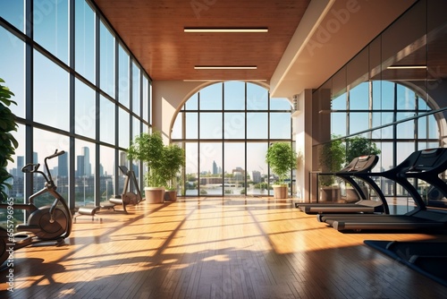 Contemporary gym with pool  city view  and natural lighting. Promoting healthy lifestyle. 3D visualization. Generative AI