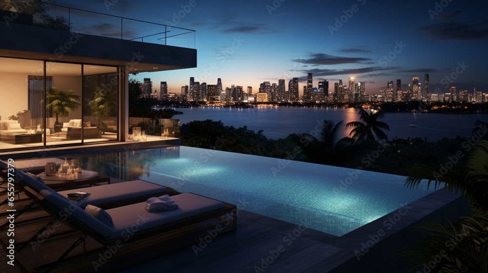Skyline Elegance: Modern Villa with Private Rooftop Infinity Pool Overlooking Miami's Stunning Cityscape in Florida