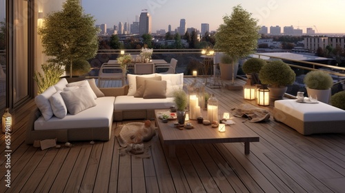 Trendy outdoor patio, cosy terrace with furniture. Geneative AI