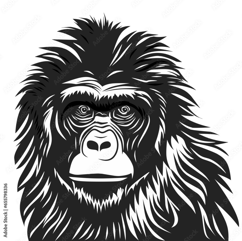 black and white chimpanzee illustration design on a white background