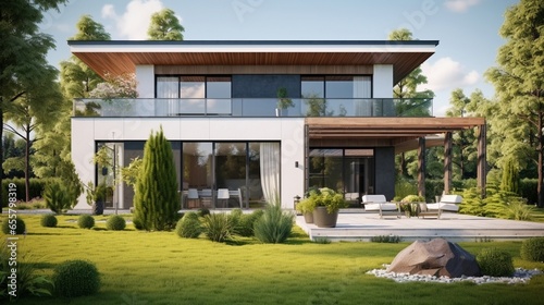 Very modern house with garden in front on a sunny day with green lawn, trees and porch. AI Generated © Muhammad