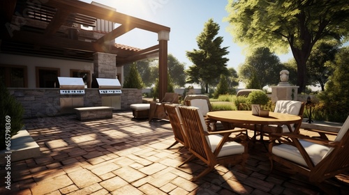 Villa backyard patio with chairs, table, and a fireplace and BBQ area for grill party. Generative AI photo
