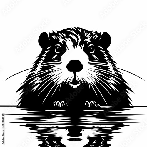 black and white illustration design of beaver with water reflections on a white background