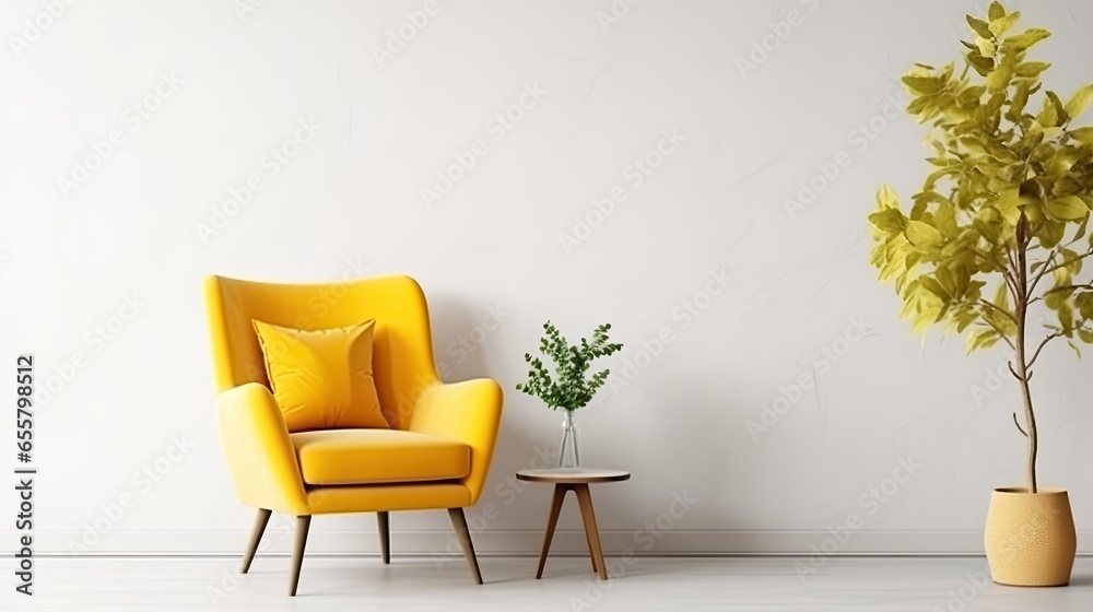 Warm Toned Living Room Interior Wall Mockup with a Yellow Armchair and a Background of a White Wall - obrazy, fototapety, plakaty 