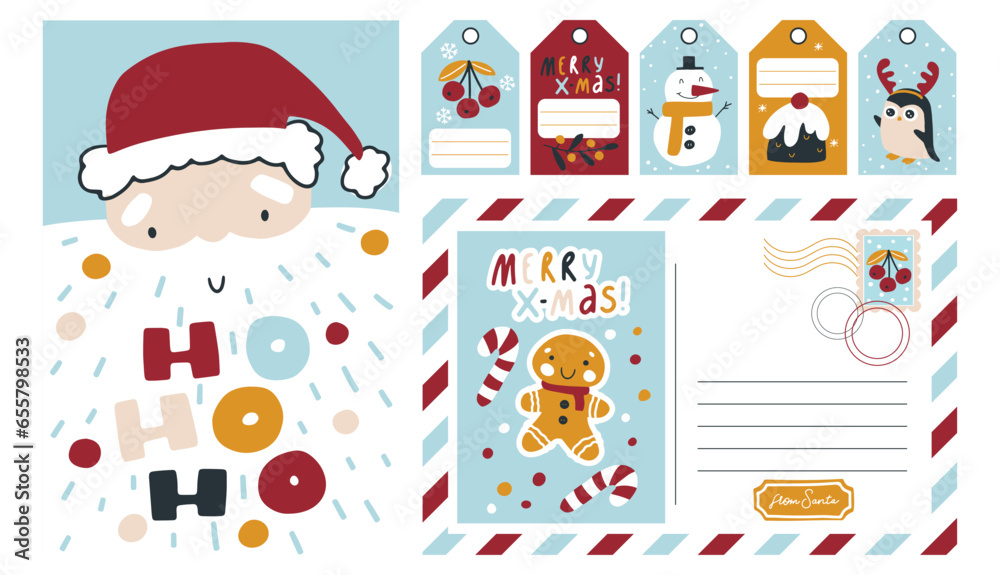 Christmas vintage postcard banner with Santa Claus, gingerbread man and tags. Striped border, place for text and mail stamp. Lettering. A cute character in a simple hand-drawn childish style. Vector