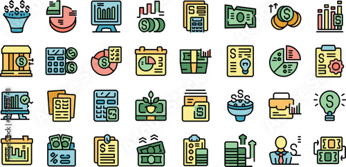 Financial planner icons set outline vector. Money account. Business budget thin line color flat on white