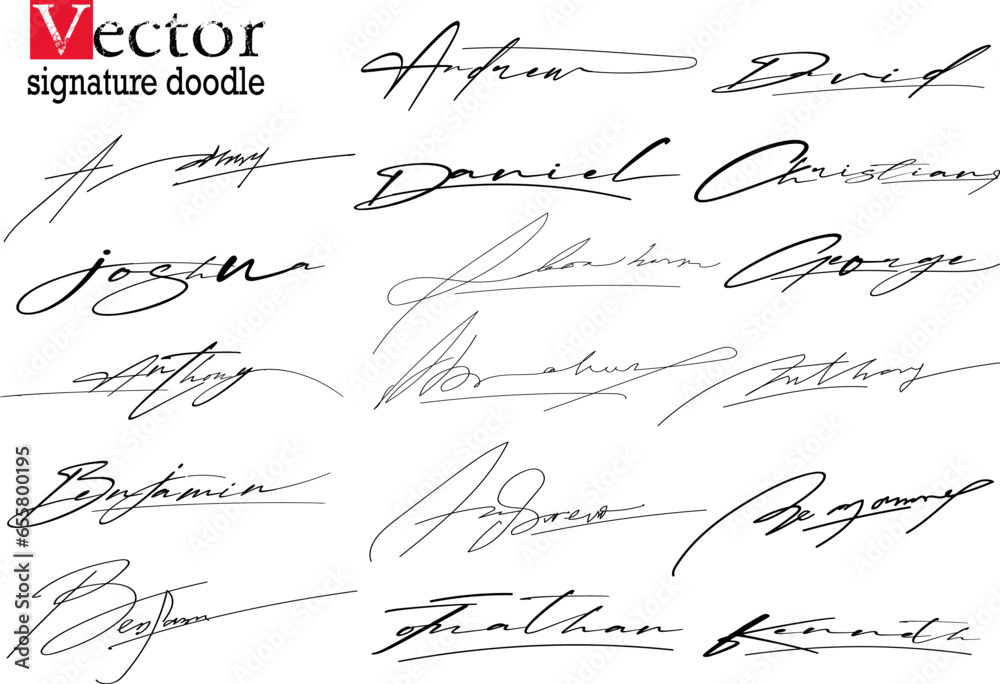 signature doodle, Hand written signature. Different example signatures isolated in white background. Vector illustration set of hand drawn name imprint vector - obrazy, fototapety, plakaty 