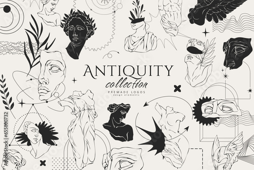Vector set of logo with antique sculptures. Vector illustration with classical Sculpture for card poster T-Shirt or printing. Contemporary hand drawn mythical collection in line design style. Vector