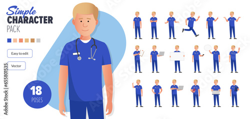 Simple flat male nurse man vector character in a set of multiple poses. Easy to edit and isolated on a white background. Modern trendy style character mega pack with lots of poses. 