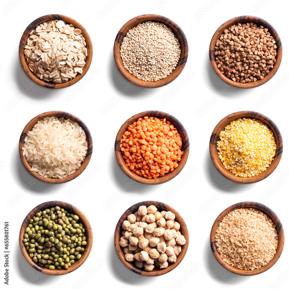 Set of uncooked grains and legumes Set of uncooked grains and legumes