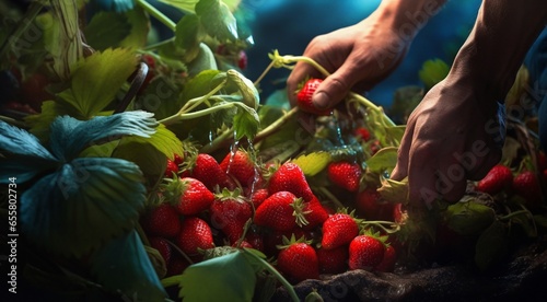 strawberries in hands, close-uo of hand picking strawberries, strawberries in the garden, harvest for strawberries
