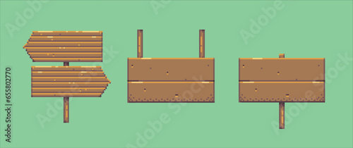 Wooden signs pixel art set. Wooden Signboards collection. 8 bit sprite. Game development, mobile app. Isolated vector set illustration.