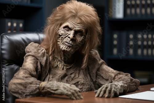 A female zombie office worker sits at a table in an office. Halloween Banner