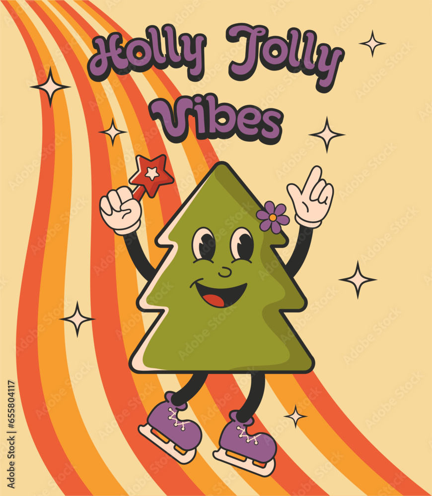 Merry Christmas and Happy New year. Tree. Retro cartoon style. Greeting cards, template, posters, prints, party invitations and backgrounds. Red, orange, yellow. 70s 60s. Groovy, vintage