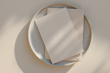 Summer minimal wedding stationery. Blank vertical greeting card mockup with beige envelope, invitation. Ceramic dessert plate in golden sunlight. Table background with shadows overlay. Flatlay, top