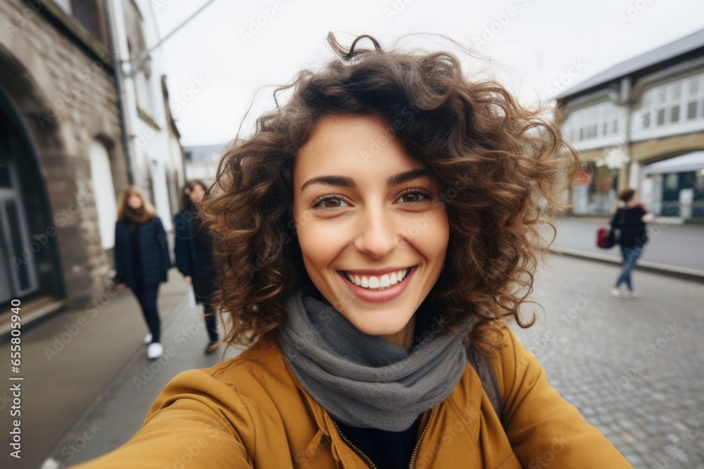 Fototapeta premium pretty young woman happy and surprised expression. city background