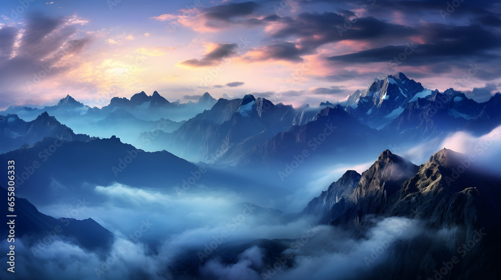 Beautiful landscape of mountains peaks with sea of clouds during sunset or sunrise. Peaceful scene of nature in solitude