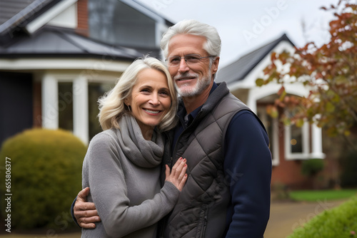A happy senior couple smiling, husband and wife, hugging in front of their new home. Real estate buying new house concept