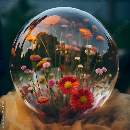 wild red tiny flowers inside a glass bauble
