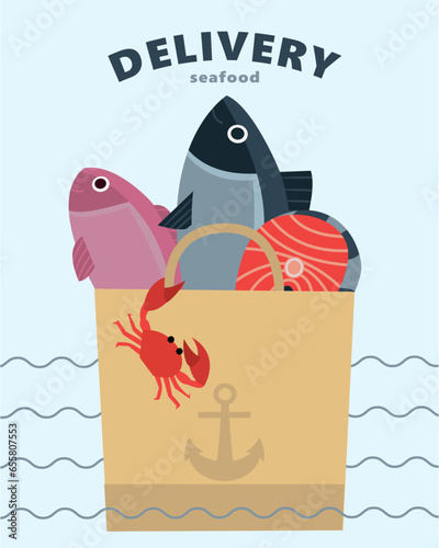 Seafood delivery. Fresh fish delivery package. Maritime business. Isolated vector flat disease