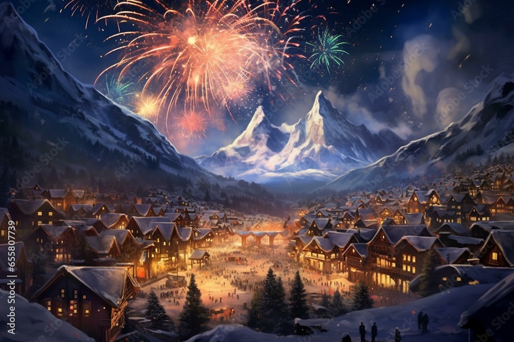 A town covered in snow with a fireworks show above, and a range of mountains in the backdrop. Generative AI