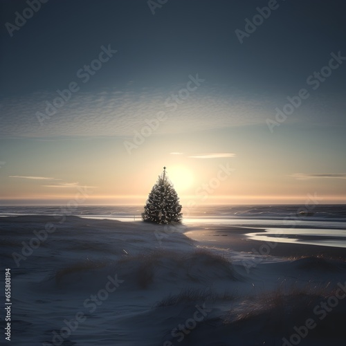 sunset with a christmas tree and snowy coastline