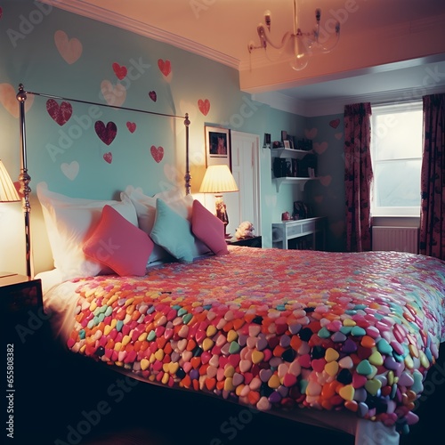 bedroom with bed covered with love hearts bed throw and hearts painted on the walls photo