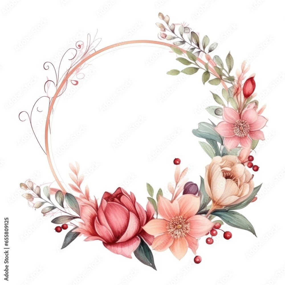 Beautiful round floral frame white background. Generative AI image weber.