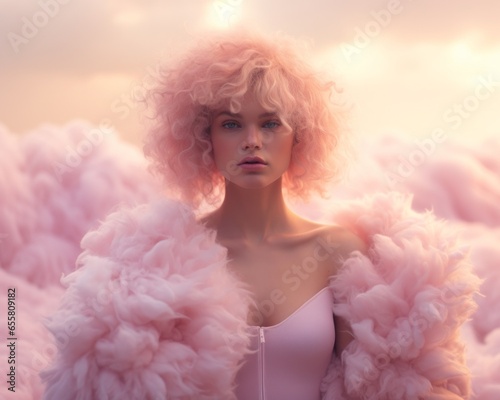 A woman with neon pink hair stands out against a backdrop of fluffy winter clothing, glowing in the light of a beach sunset as if she were an astronaut wearing a scarf and suit