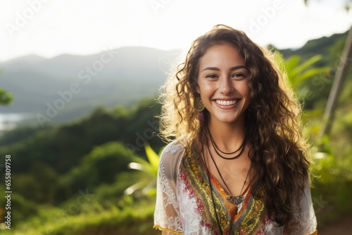 Smiling attractive hispanic young woman looking at the camera in the city.