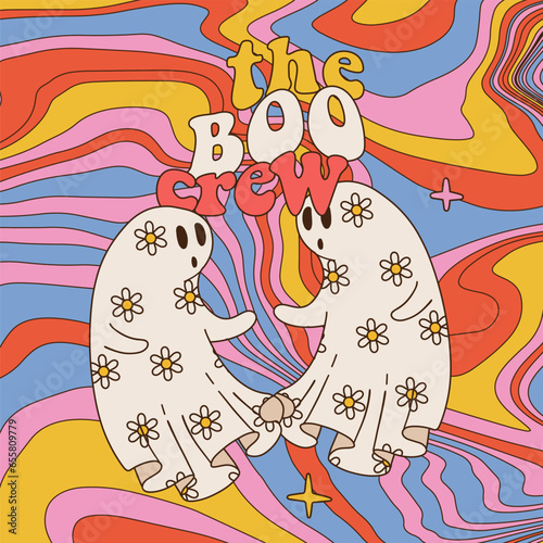 Retro 70s 60s Hippie Groovy Halloween greeting card with two Ghosts and quote text - the boo crew. Flower power floral shades on white sheet spook holiday print. Contour vector illustration.