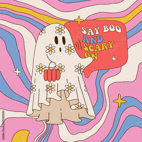 Cute Groovy Hippie Ghost Funny Halloween card template with quote - Say boo and scary on. White sheet spook with floral daisy ornament. Contour vector illustration.