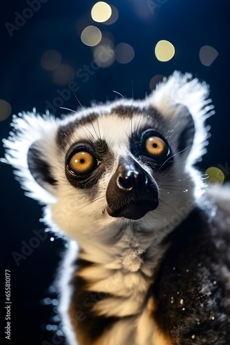 Portrait photo of ring-tailed lemur, primate, black and white ringed tail, island of Madagascar, beautiful wildlife, monkeys