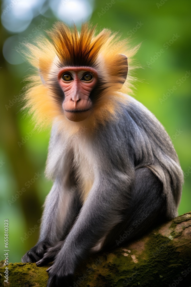 Obraz premium Monkey portrait, funny closeup of a mandrill, vulnerable baboon specie from Africa, colorful, modern, wildlife protection concept