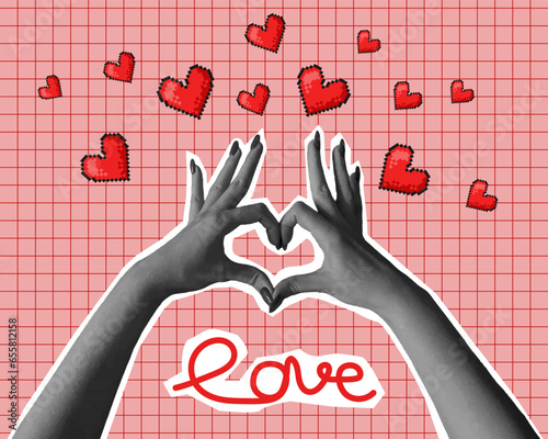 Hands in halftone, Valentine's Day cards, love, pixel hearts, vector illustration. Y2k style. Collage for poster, banner, cards 