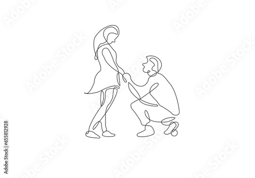 a young man proposing to his pretty girlfriend with romantic ring one line art Vector