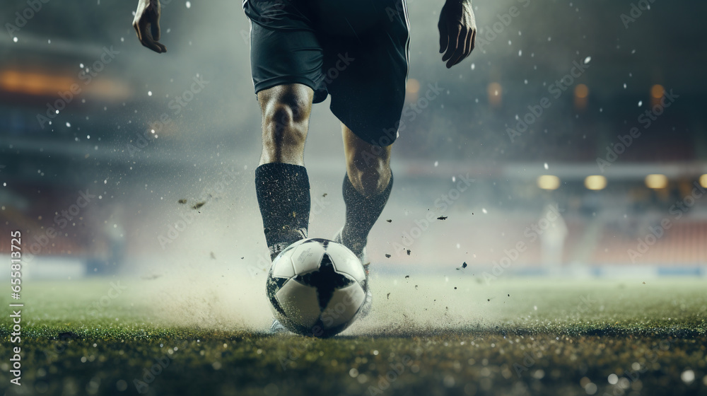 Generative AI, football boot kicking a soccer ball, goal moment on the stadium	
 - obrazy, fototapety, plakaty 