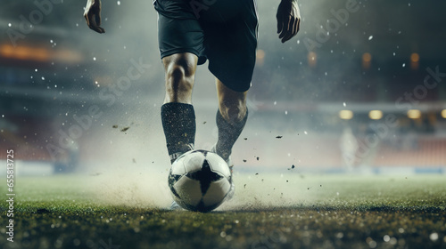 Generative AI, football boot kicking a soccer ball, goal moment on the stadium 