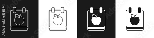 Set Diet plan icon isolated on isolated on black and white background. Concept of fitness marathon, proper nutrition, healthy food, beautiful body, vegetables, slimming. Vector