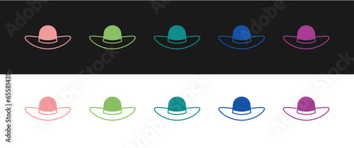 Set Elegant women hat icon isolated on black and white background. Vector