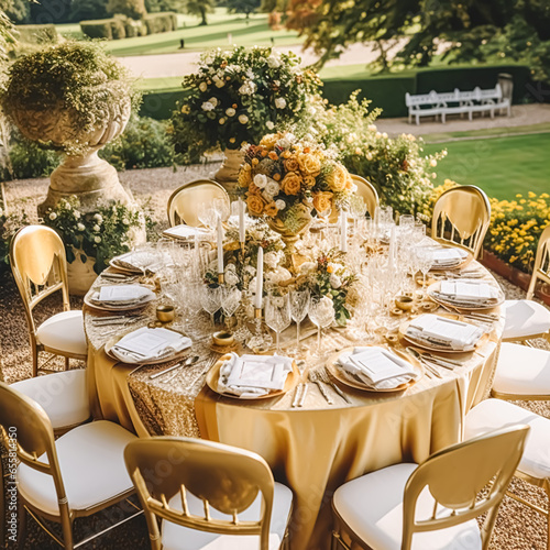Holiday tablescape, golden formal dinner table setting, table scape with gold decoration for wedding party and event celebration, generative ai
