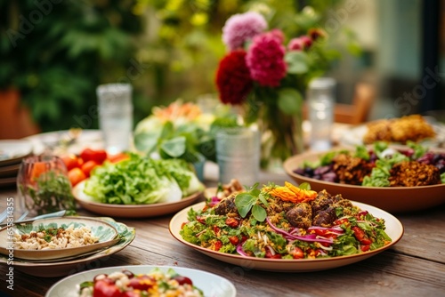 Plant-based feast with salads and healthy plates on table. Generative AI