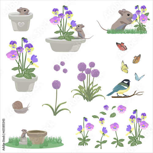 Set of flowers, mouse, butterfliy and snail