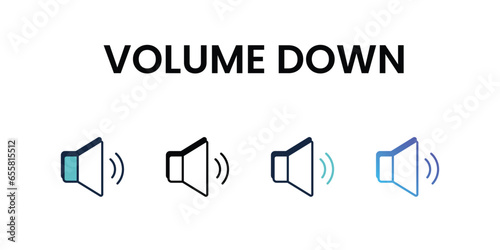 Volume Down icons set, color line, ouline, glyph, gradient icon stock illustration