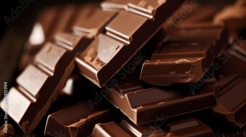 Chocolate, food and sweets, crushed fresh milk chocolates bars, generative ai
