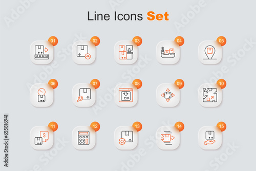 Set line Delivery hand with box, Carton cardboard, Gear package, Calculator, Waybill, Broken, and Online app delivery tracking icon. Vector