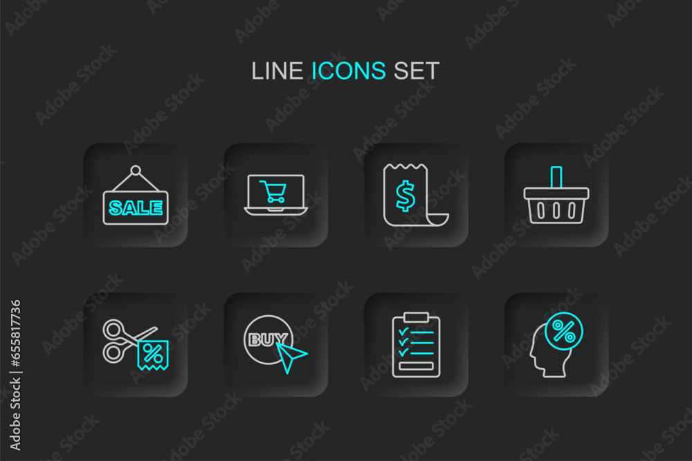 Set line Discount percent tag, Clipboard with checklist, Buy button, Scissors cuts discount coupon, Shopping basket, Paper and financial, cart screen laptop and Hanging sign text Sale icon. Vector