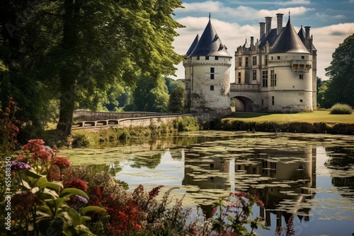 Peaceful view of the rural beauty in France's Loire Valley, featuring a grand chã¢teau embraced by a surrounding moat. Generative AI photo